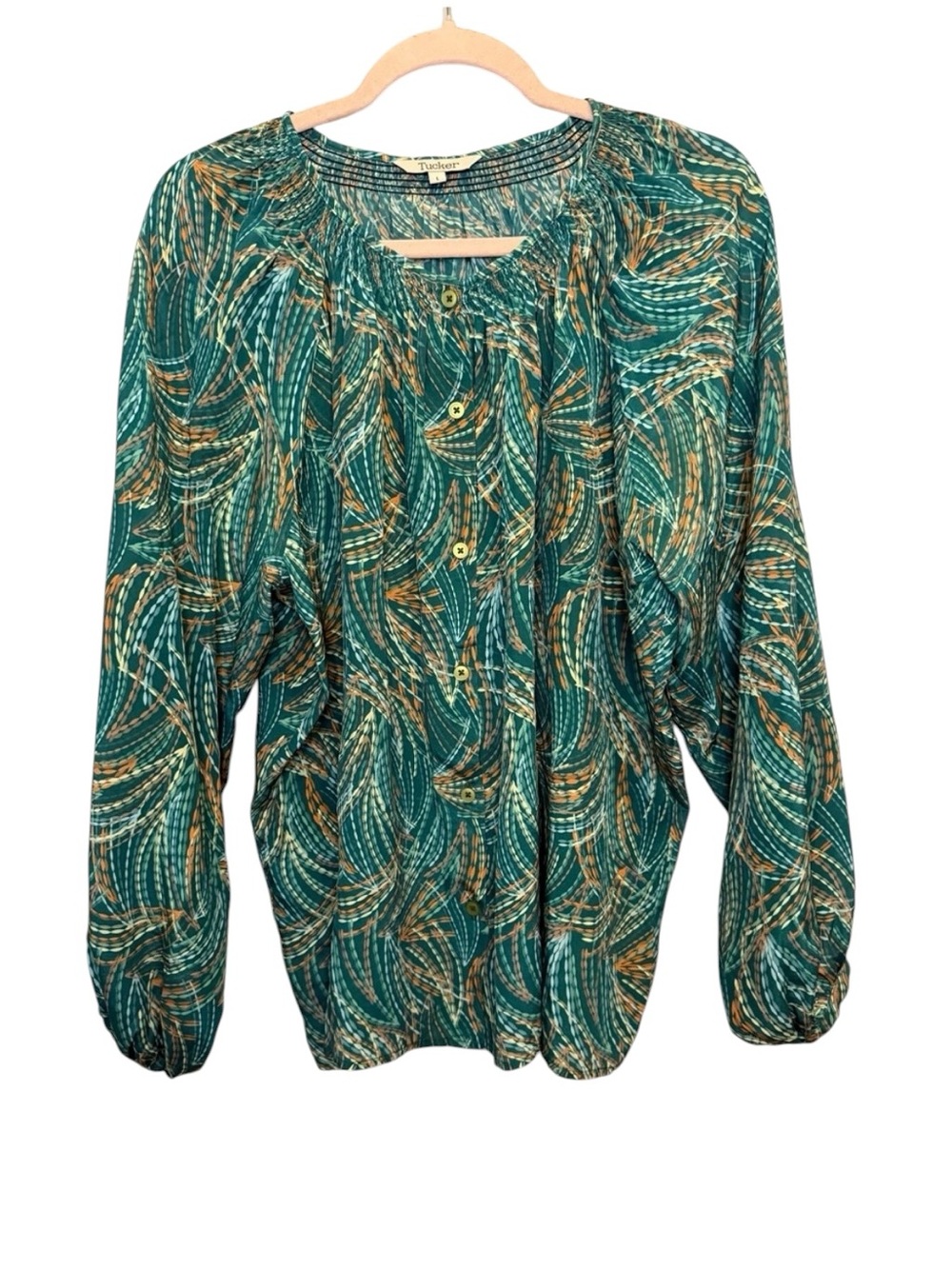 Tucker 100% Silk Smocked Neck Green Abstract Blouse Large Quiet Luxury